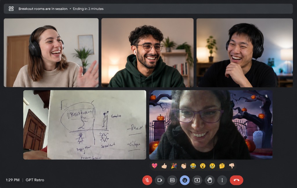 Google Meet screenshot of designers in a remote retro breakout, sharing hand-drawn sketches on camera