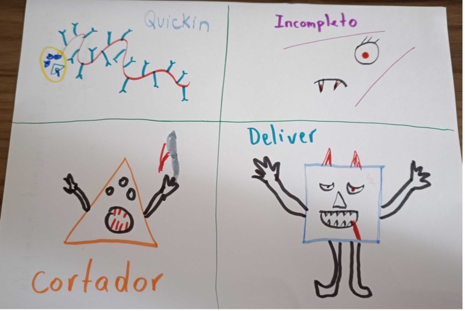 Hand-drawn Tiny Demons on paper created by team members during the retro